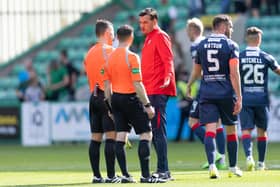 EDINBURGH, SCOTLAND - AUGUST 20: Raith Rovers manager Ian Murray complains to referee Nick Walsh at full time during a Viaplay Cup Round of Sixteen match between Hibernian and Raith Rovers at Easter Road, on August 20, 2023, in Edinburgh, Scotland. (Photo by Ross Parker / SNS Group)