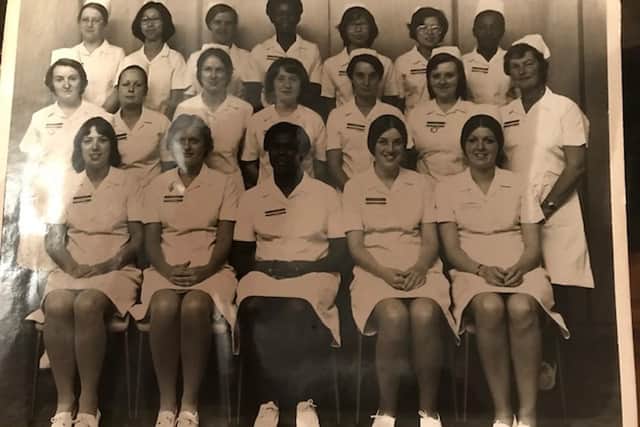 Linda (middle row, 3rd from the right ) pictured with the other student midwives in September 1976.