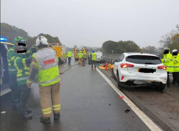 Three cars were involved with the crash, which caused a line-up of traffic on the M90.