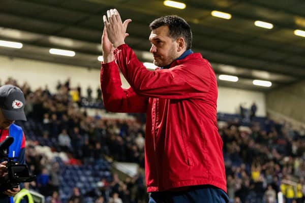 Raith Rovers manager Ian Murray applauds the Stark's Park home support during the play-off semi-final tie (Photo: Craig Foy/SNS Group)