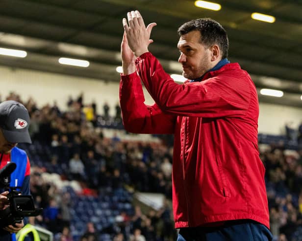 Raith Rovers manager Ian Murray applauds the Stark's Park home support during the play-off semi-final tie (Photo: Craig Foy/SNS Group)
