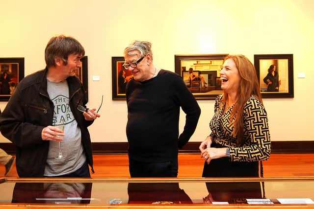Jack Vettriano at the launch of his exhibition at Kirkcaldy Galleries with Sir Ian Rankin and Heather Stuart, chief executive of OnFife. (Pic: Fife Photo Agency)
