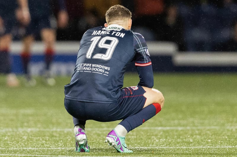 KIRKCALDY, SCOTLAND - DECEMBER 22: Raith's Jack Hamilton looks dejected after Ayr's Logan Chalmers scores to make it 3-2 during a cinch Championship match between Raith Rovers and Ayr United at Stark's Park, on December 22, 2023, in Kirkcaldy, Scotland. (Photo by Mark Scates / SNS Group)
