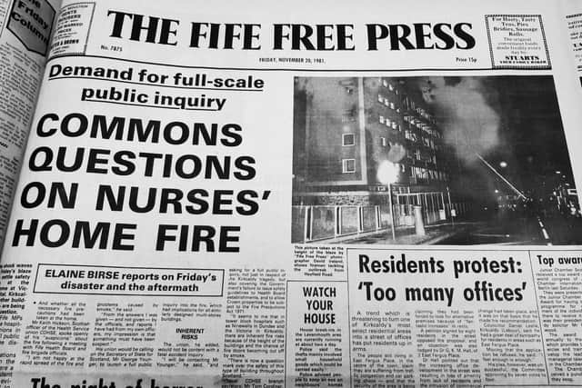 Fife Free Press front page on the devastating fire at the nurses home at Victoria Hospital, 1981