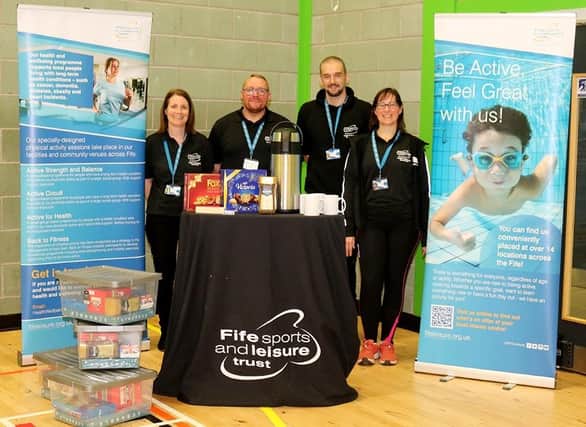 Fife Sports and Leisure Trust’s health team get ready to welcome visitors to the Winter Wellness Cafes (l to r) Louise Mackay, health & wellbeing co-ordinator, Lawrence Mitchel, health & wellbeing advisor, Gavin Keith, health & wellbeing advisor and Agnes Mehaffey, health & wellbeing administrator