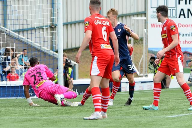 Defender Adam Masson scoring his first goal for Raith Rovers as they beat Northern Ireland's Cliftonville 3-0 at home on Saturday in the third round of the SPFL Trust Trophy (Pic: Fife Photo Agency)