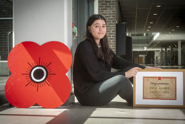 Esha Ahmed, 15, from Levenmouth Academy, was presented with the secondary school award in Poppyscotland’s Letters to my Teacher competition.