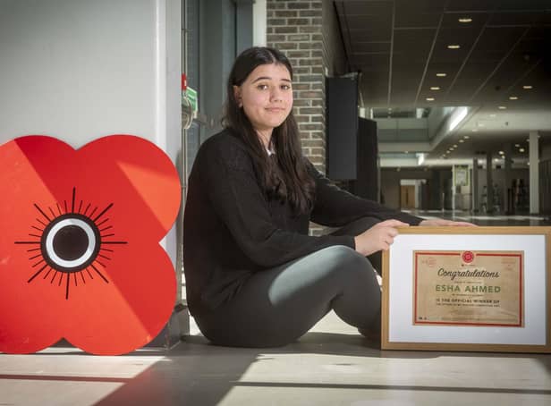 Esha Ahmed, 15, from Levenmouth Academy, was presented with the secondary school award in Poppyscotland’s Letters to my Teacher competition.