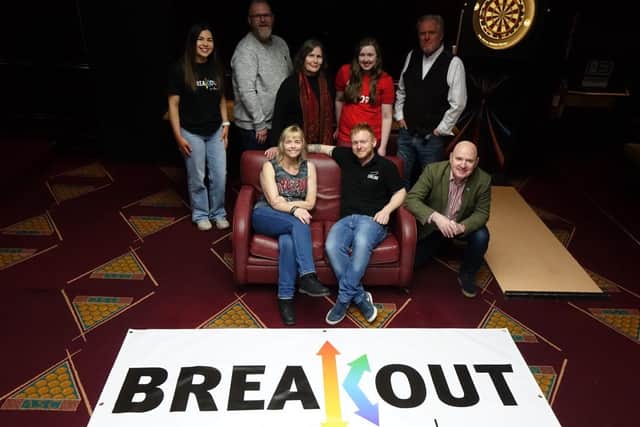 Meet the judges and hosts: Kayla Robinson (Breakout), Niall McCall, Breakout’s stage manage;  Morag Neil,  independent music promoter; Andrea Elder, K107; Allan Crow, editor, Fife Free Press. Front: Collette Burns, host; Kieran Murdoch (Styx) and Neaale Hanvey MP (Pic: Cath Ruane)