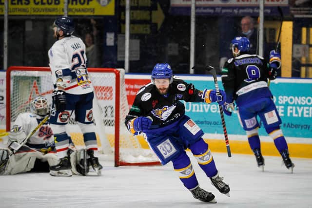 James Anderson celebrates his goal for Fife Flyers against Dundee Stars (Pic: Jillian McFarlane)
