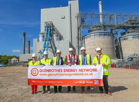 Cllr Fiona Grant, Stephen Scott (Balfour Beatty), Steve Hicks (RWE), Mark Picton (RWE), Scott Lutton (Vital Energi) and Cllr Ross Vettraino mark work starting on Glenrothes Energy Network.