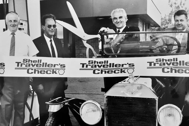 The July 1988 opening of the new Wilson & Garden Shell petrol station in Glenrothes was carried out by Councillor Robert King, convener of Fife Regional Council. 
Also pictured are George Wemyss, manager of the petrol station (left), and Chris Cummings, the Shell rep. 
Behind the wheel of his Model T Ford is James Grant, owner of Kirkton Motors, Burntisland. Picture taken by David Cruickshanks of the Glenrothes Gazette.