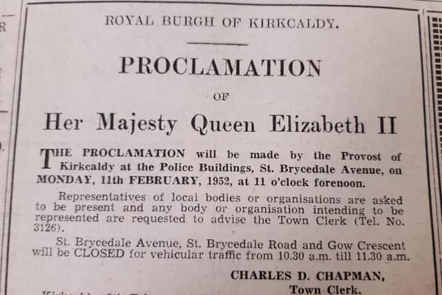 The notice in the Fife Free Press announcing plans for the proclamation of The Queen's ascension to the throne