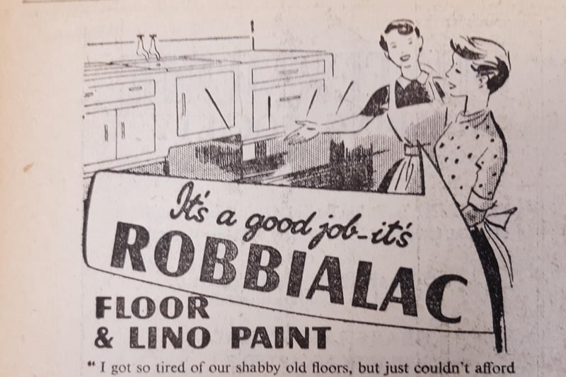 An advert from 1952 extolling the virtues of the easy to use Robbialac products on floors and lino.