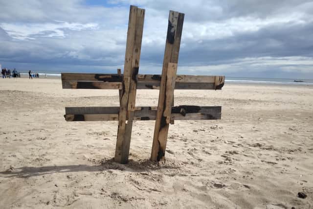 A hashtag made of wooden pallets on West Sands, St Andrews to back the message behind #unpalletable launched by Fife Coast & Countryside Trust.