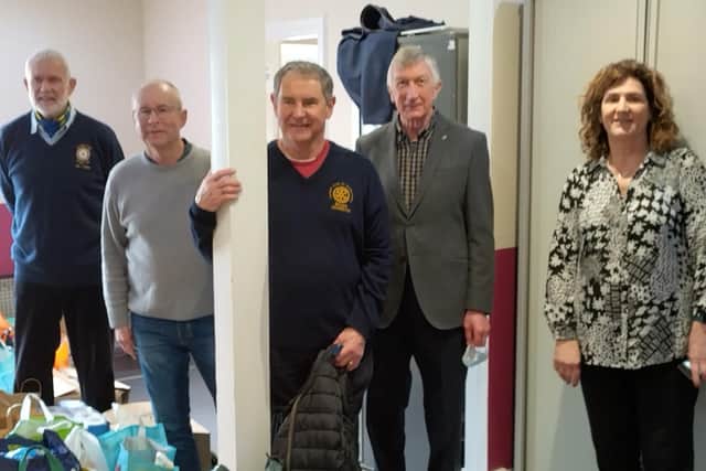 Members of Glenrothes Rotary Club dropping off aid at Linton Lane Centre, (from left to right) Iain Oates, Geoff Sampson, Brian Johnson, Will Wishart and Mandy Henderson.