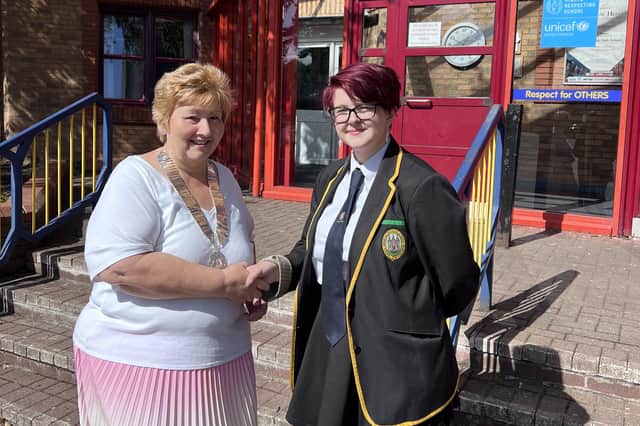 Morgan Cameron is congratulated by president Sally Tullett of the Kirkcaldy branch of Soroptimist International.  (submitted)