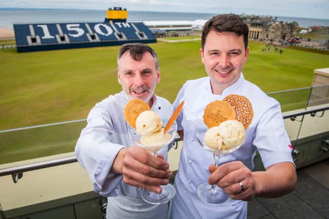 Owen Hazel, co-owner Jannettas, and Derek Johnston, Executive Chef of Rusacks St Andrews, with their 150th Open-inspired special dessert, exclusively available in The Bridge and 18 Restaurant and Bar, and Jannettas Gelateria. (Photo: Chris Watt Photography)