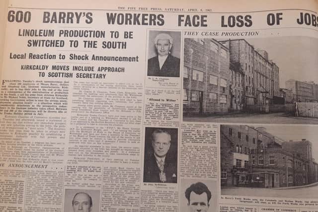 Devastating job losses at linoleum manufacturer Barry Ostlere & Shepherd, Kirkcaldy, reported in the Fife Free Press, April 1963