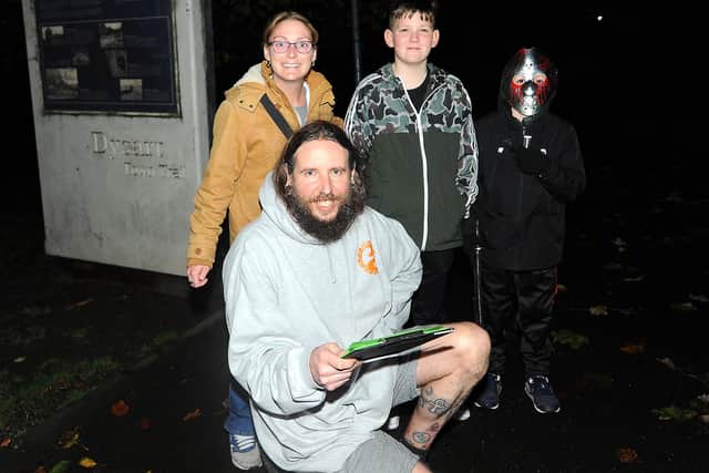 Event organiser Amby Stanyer-Hunter with Michelle Wood, Graeme Wood and Calum Hutchison who were among those taking part in the scavenger hunt in Ravenscraig Park over the weekend. Pic: Fife Photo Agency