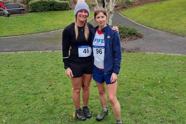 Kirkcaldy Wizards coach Michelle Johnstone and Fife Athletic Club's Hilary Ritchie at the Birnam Hill Race
