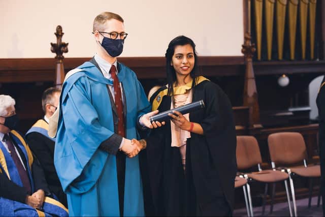 Tharinee Caulachand was the first student to cross the stage on Wednesday at the Fife College graduation ceremony.