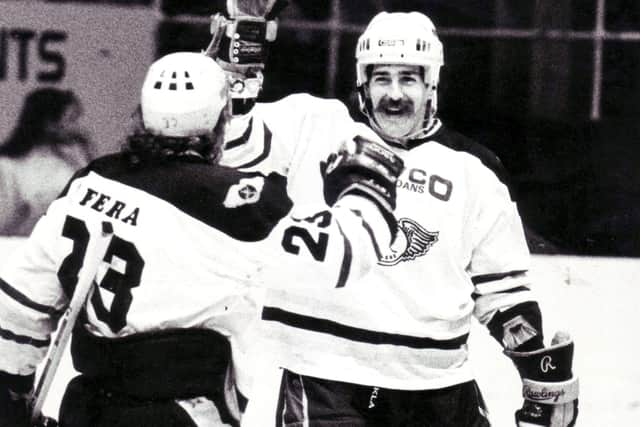 Fife Flyers imports Rick Fera and Steve Gatzos celebrate a goal, season 1990-91 (Pic: Bill Dickman)