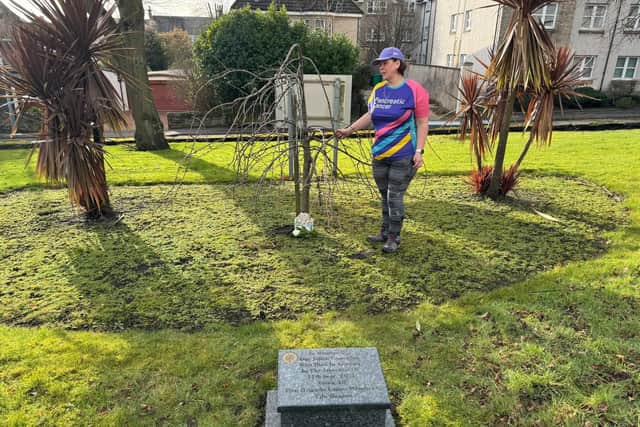 Lisa Foster at her mum's memorial tree in the grounds of Kirkcaldy Fire Station.