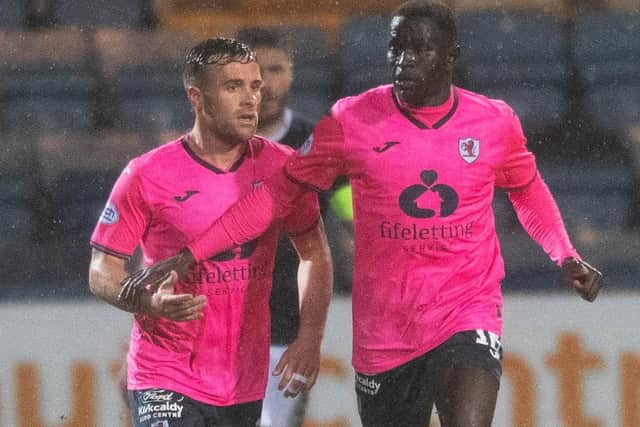 Raith Rovers' Lewis Vaughan congratulating William Akio on scoring against Dundee on Tuesday (Photo by Mark Scates/SNS Group)