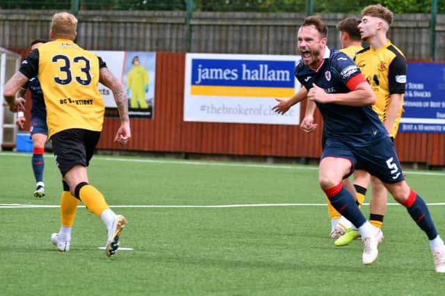 Keith Watson celebrates scoring Raith's opener in 3-2 league cup Group F win at Annan Athletic on July 29 (Pic by Eddie Doig)