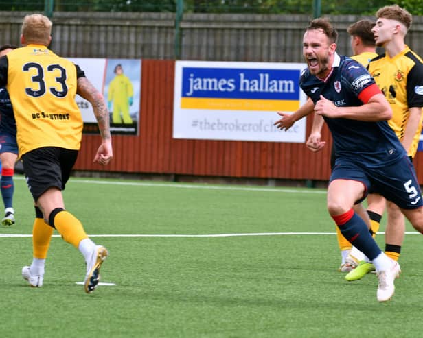 Keith Watson celebrates scoring Raith's opener in 3-2 league cup Group F win at Annan Athletic on July 29 (Pic by Eddie Doig)