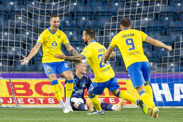 Dylan Easton wheels away with delight after making it 1-1 during the Viaplay Cup Group F match at Kilmarnock (Pics by Roddy Scott/SNS Group)
