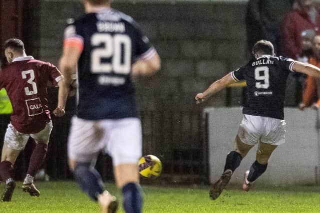 LINLITHGOW, SCOTAND - JANUARY 24: Raith's Jamie Gullan scores to make it 1-0 during a Scottish Cup fourth round match between Linlithgow Rose and Raith Rovers at Prestonfield, on January 24, 2023, in Linlithgow, Scotland. (Photo by Mark Scates / SNS Group)