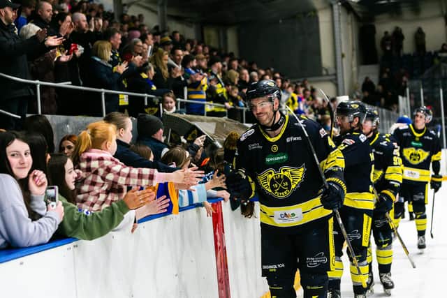 Simon Despres leads the team on a final lap of honour at the final home game of last season (Pic: Derek Young)