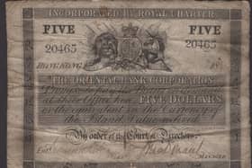 The ‘Hong Kong 1860’ Five Dollar Banknote signed by two Scottish bankers (Pic: Dix Noonan Webb)
