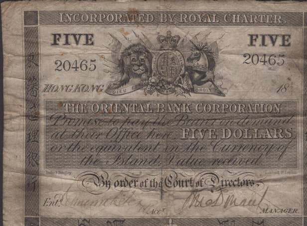 The ‘Hong Kong 1860’ Five Dollar Banknote signed by two Scottish bankers (Pic: Dix Noonan Webb)