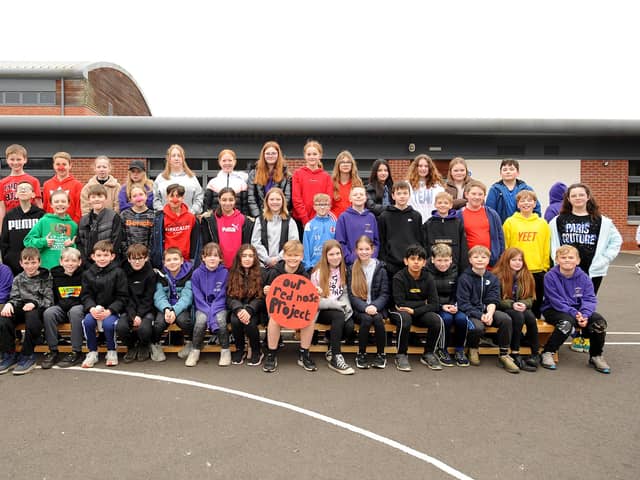 Strathallan Primary School, Kirkcaldy:  Primary 7 pupils organised a fayre and sponsored walk/run to raise money for Red Nose Day. Pic: Fife Photo Agency