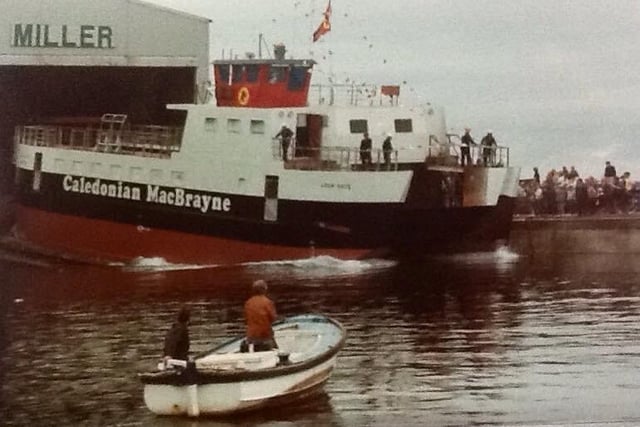 Launch of the Cal-Mac 'Loch Buie' in 1992 at Miller's yard, St Monans. 
It is remembered well as it hit the water then carried on to collide with the harbour wall.