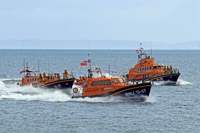 The new 13-47 ALB arrived into Anstruther harbour in a flotilla alongside the station's Mersey class ALB and vessels from Dunbar, Kinghorn and Brought Ferry.  (Pic: Nick Leach )