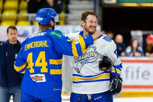 Jonas Emmerdahl congratulates Chase Schaber (Pic: Flyers Images)