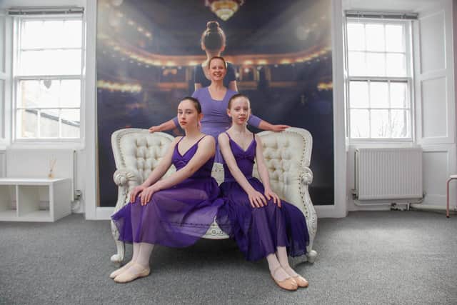Alba School of Dance 228 High St Kirkcaldy (upstairs in Wilkies). Pictured are: Lexi Grieve 11, Principal Stacey Walker and Alba Walker 10, ahead of the studio opening this Saturday. Pic: Scott Louden.