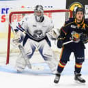 Ben Hawerchuk #16 of the Barrie Colts gets in front of goalie Jacob Ingham #1 of the Mississauga Steelheads during OHL game action (Photo by Graig Abel/Getty Images)
