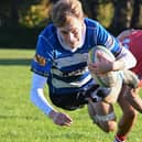 Left-winger Max Kane scoring Howe of Fife’s bonus-point fourth try during their 31-27 derby defeat away to Kirkcaldy at Beveridge Park on Saturday (Photo: Chris Reekie)