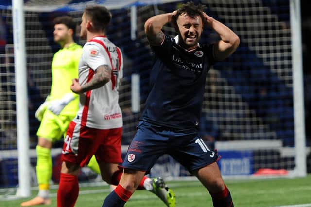 Lewis Vaughan reacting after shooting over the crossbar during Raith Rovers' 1-0 SPFL Trust Trophy semi-final defeat at home to Airdrieonians on Friday (Pic: Fife Photo Agency)