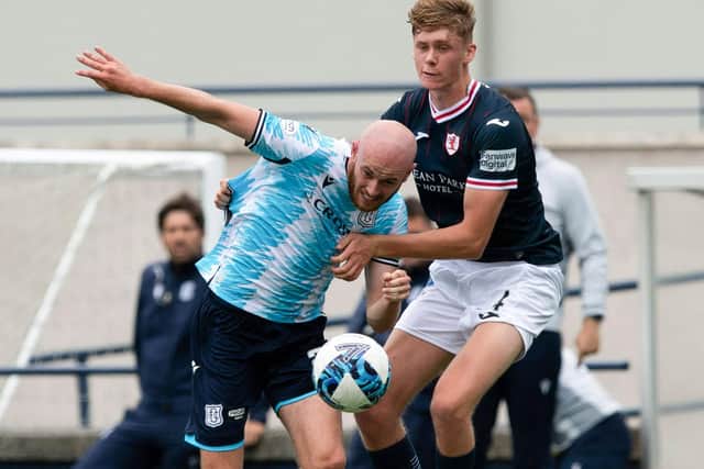 Raith Rovers defender Connor O'Riordan getting to grips with Dundee's Zak Rudden during their teams' Scottish Championship match at Stark's Park in Kirkcaldy on Saturday (Photo by Paul Devlin/SNS Group)