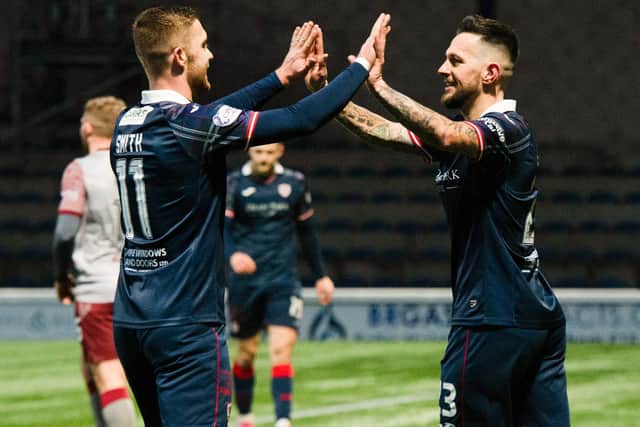 Raith Rovers midfielder Dylan Easton celebrating with Callum Smith after putting the Fifers 1-0 up against Arbroath at Stark's Park in Kirkcaldy on Saturday (Photo by Paul Byars/SNS Group)