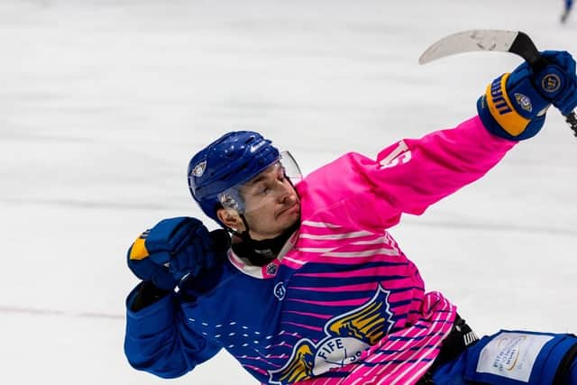 Troy Lajeunesse celebrates his hat-trick against Nottingham Panthers (Pic: Derek Young)