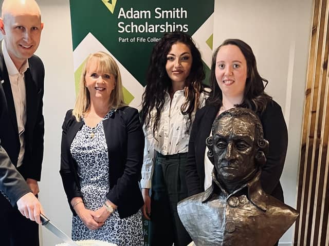 From left:  Jim Metcalfe, principal; Lyn Gold, Fife College scholarship and alumni lead; and and two recent scholarship winners, Abigail Cloete and Niamh Hogwood.