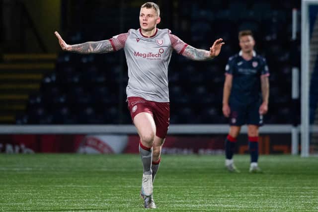 Arbroath's Ali Adams celebrating after scoring against Raith Rovers to make it 2-1 at Stark's Park in Kirkcaldy on Saturday (Photo by Paul Byars/SNS Group)