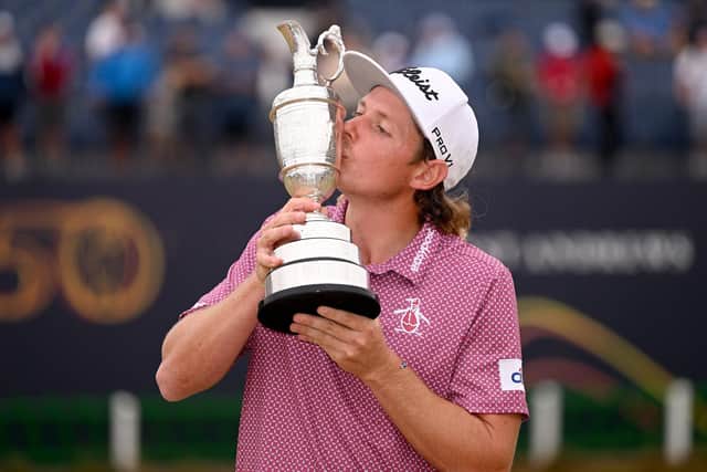 Cameron Smith of Australia celebrates with the Claret Jug on the 18th green after the final round of The 150th Open at St Andrews (Photo by Ross Kinnaird/Getty Images)
